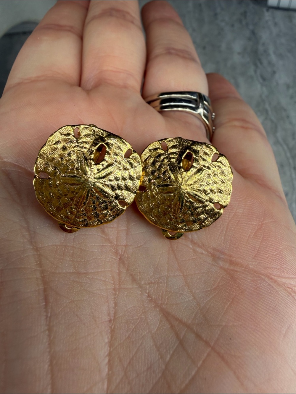 Sand Dollar Pendant And Vintage Clip Earrings Set Beach Jewelry Lot Gold Tone - Picture 4 of 4